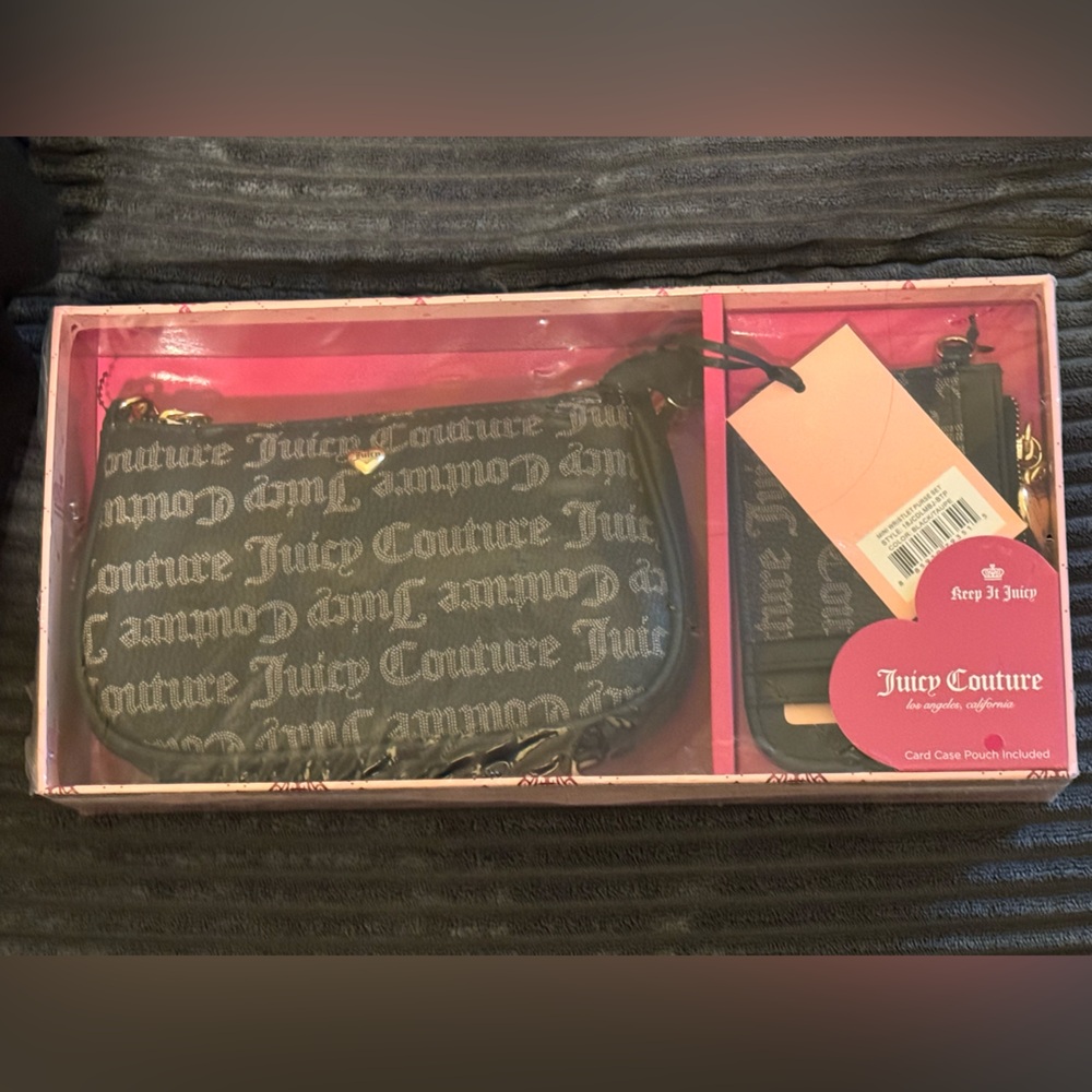 Juicy Couture Mini Wristlet Purse Set Black Taupe Logo NWT Boxed Gift